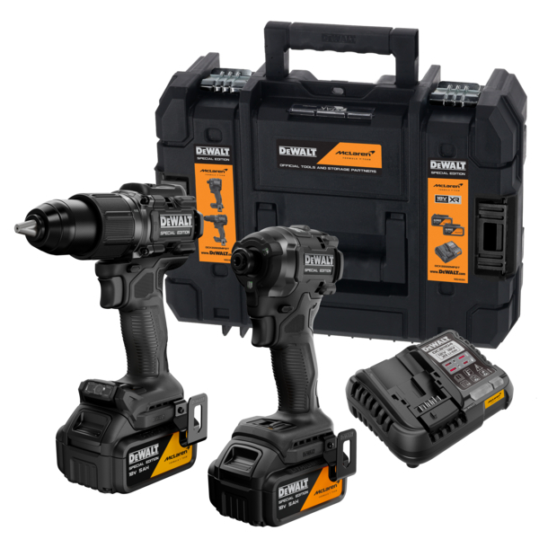DeWalt McLaren DCK2222MP2T aku sada rázový uťahovák 1/4" a príklepová aku vŕtačka 18V 2x5,0Ah aku