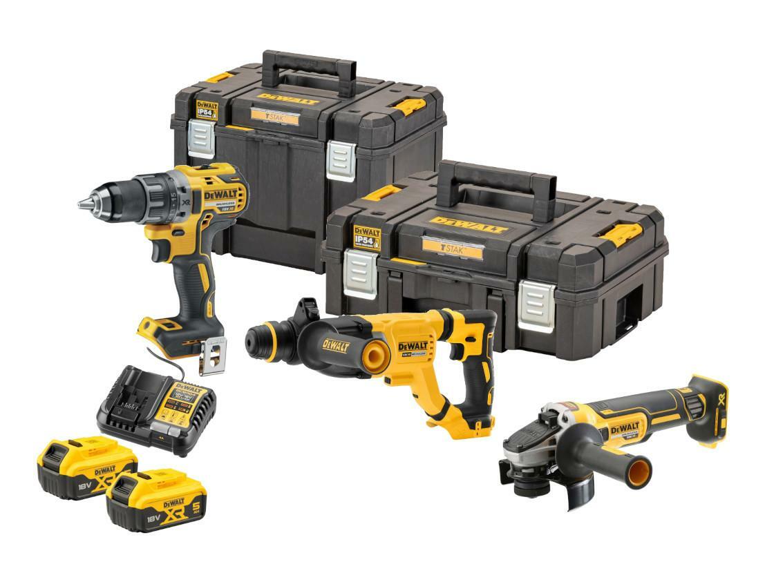 DeWalt DCK327P2T sada náradia aku vŕtačka + uhlová brúska + kombi kladivo, 18V 2x5,0Ah aku