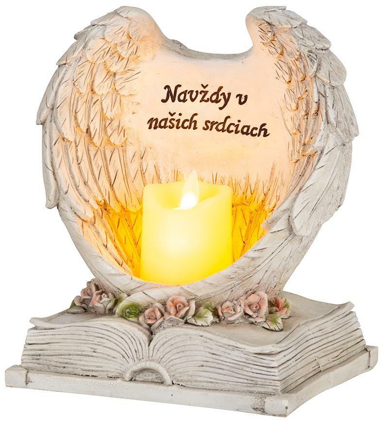 Dekorácia MagicHome, Anjelské krídla na knihe so sviečkou, LED, keramika, na hrob, 18x13,5x20 cm