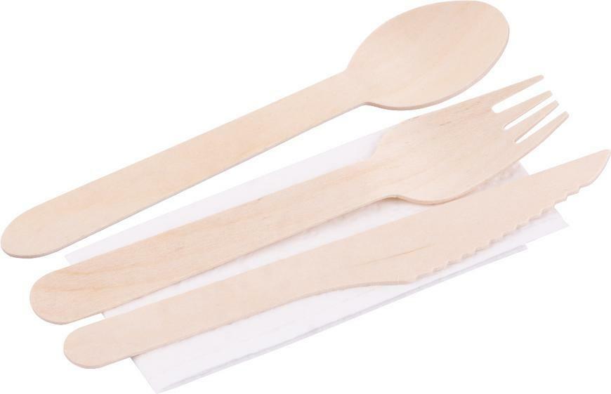 MagicHome Woodline ECO príbor drevený nôž, vidlička, lyžica, servítka, 100% Natural