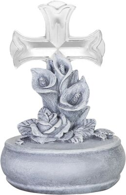 Dekorace MagicHome, Kříž s květinami, LED, polyresin, na hrob, solární, 12x12x17 cm