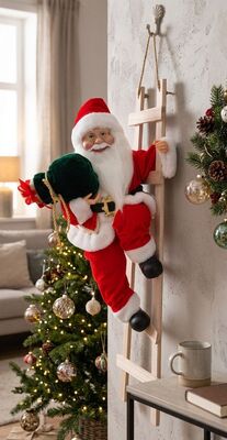 Dekorácia MagicHome Vianoce, santa, na rebríku, textil, 24x32x67 cm
