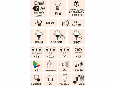 Žiarovka LED mini, 5W, 410lm, E14, pr.45mm, EXTOL LIGHT