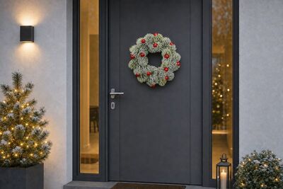 MagicHome vianočný veniec s bobuľami, zasnežený, 16 cm