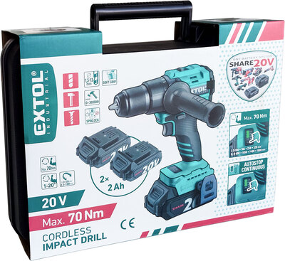 Extol Industrial Share20V aku príklepová vŕtačka bezuhlíková 20V,  2x 2Ah, 70Nm, 8791804