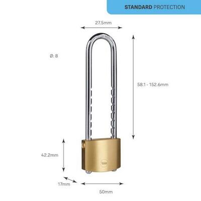 Yale Y110B/50/155/1, Standard Security,  visiaci zámok s dlhým tŕňom, 50 mm, 3 kľúče, 252342