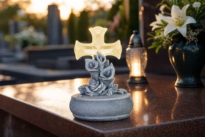 Dekorace MagicHome, Kříž s květinami, LED, polyresin, na hrob, solární, 12x12x17 cm