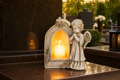 Dekorace MagicHome, Anděl modlící se při svíčce, LED, polyresin, na hrob, 19,5x11,5x26 cm