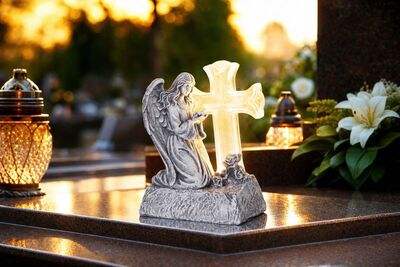 Dekorace MagicHome, Anděl s holubicí u kříže, LED, polyresin, na hrob, solární, 12x8x16,5 cm