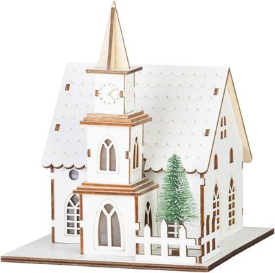 MagicHome dekorácia kostol, drevo, 6xLED teplá biela, 15x17x18.5 cm, 2xAAA
