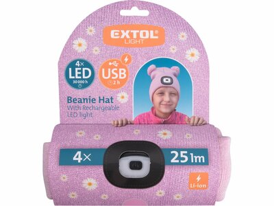 Čiapka ružová detská s čelovým svetlom, LED 4x25lm, 250mAh Li-ion, nabíjanie cez USB