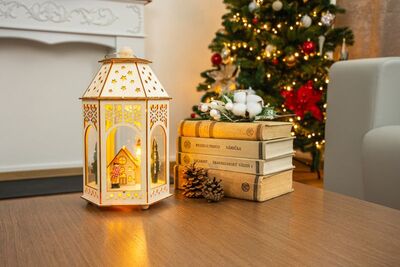 Lampáš MagicHome Vianoce, Drevená dedinka, 9x LED, teplá biela, 16,5x14x30 cm