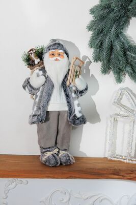 Dekorácia MagicHome Vianoce, Santa so sánkami, biely-šedý, 45 cm