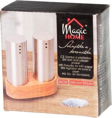 MagicHome sada solničky a koreničky, dřevěný stojan, nerez