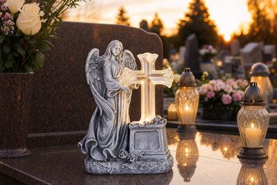 Dekorace MagicHome, Anděl s křížem, LED, polyresin, na hrob, solární, 16x10x23 cm