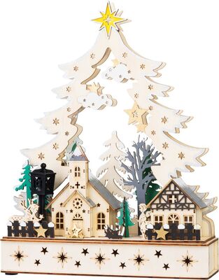 MagicHome vianočná dekorácia dedinka, drevo, 12xLED teplá biela, 25x7.5x32 cm, 2xAA