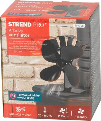 Strend Pro ventilátor krbový, stojanový, poháňaný teplom, 4-lopatkový, čierny