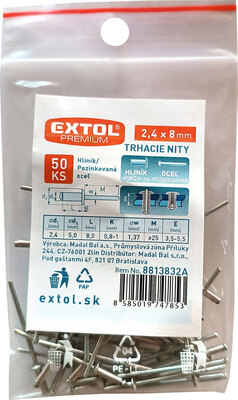 Extol Premium trhacie nity hliníkové 2,4x8mm, 50ks, 8813832A