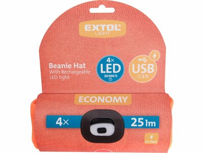 Čiapka oranžová s čelovým svetlom, LED 4x25lm, 250mAh Li-ion, nabíjanie cez USB