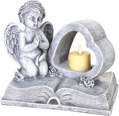 Dekorace MagicHome, Anděl na knize se srdcem, LED, polyresin, na hrob, 19x12,5x16,5 cm