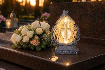 Dekorace MagicHome, Křídla s křížem, LED, polyresin, na hrob, solární, 16,5x10x24 cm