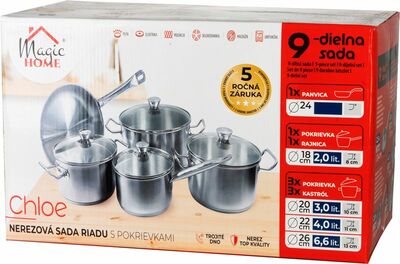 Sada riadu MagicHome Chloe, panvica 24 cm, 3x kastról (3l, 4l a 6,6 l), rajnica 2l, so sklenenými 