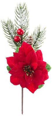 Vetvička MagicHome Vianoce, s kvetom poinsettia, červená, 22 cm