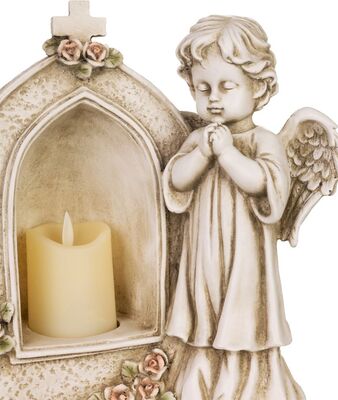 Dekorace MagicHome, Anděl modlící se při svíčce, LED, polyresin, na hrob, 19,5x11,5x26 cm
