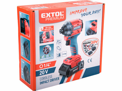 Extol Premium SHARE20V aku rázový uťahovák bezuhlíkový 1/4", 230Nm, 20V 1x2,0Ah aku