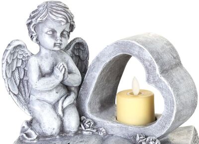 Dekorace MagicHome, Anděl na knize se srdcem, LED, polyresin, na hrob, 19x12,5x16,5 cm