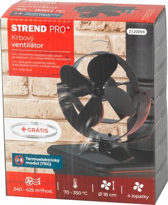 Strend Pro krbový ventilátor s úchytom na dymovod a magnetom, poháňaný teplom, 4-lopatkový,