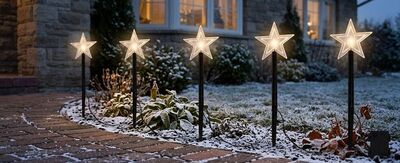 Reťaz MagicHome Vianoce 5 Star, LED, teplá biela, jednoduché svietenie, časovač, 3xAA, IP44, exterié
