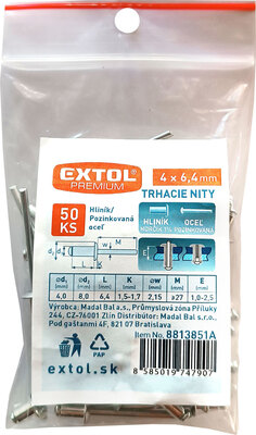 Extol Premium trhacie nity hliníkové 4,0x6,4mm 50ks, 8813851A