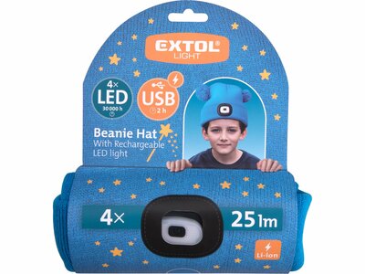 Čiapka modrá detská s čelovým svetlom, LED 4x25lm, 250mAh Li-ion, nabíjanie cez USB