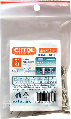 Extol Premium trhacie nity hliníkové 2,4x10mm, 50ks, 8813833A