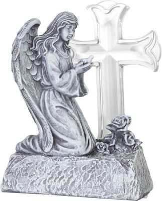 Dekorace MagicHome, Anděl s holubicí u kříže, LED, polyresin, na hrob, solární, 12x8x16,5 cm