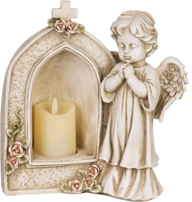 Dekorace MagicHome, Anděl modlící se při svíčce, LED, polyresin, na hrob, 19,5x11,5x26 cm