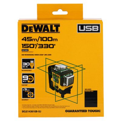 DeWalt DCLE14361GB zelený krížový laser 3× 360° USB-C